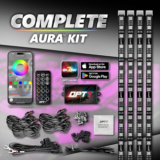 OPT7 Aura Pro Engine Bay Lights w/App & Remote Control, 4PCS 24” Waterproof Underhood LED Light Strips, RGB Multi-Color Music Sync Decoration for Pickup Truck Tacoma Tundra 4Runner Dodge Durango