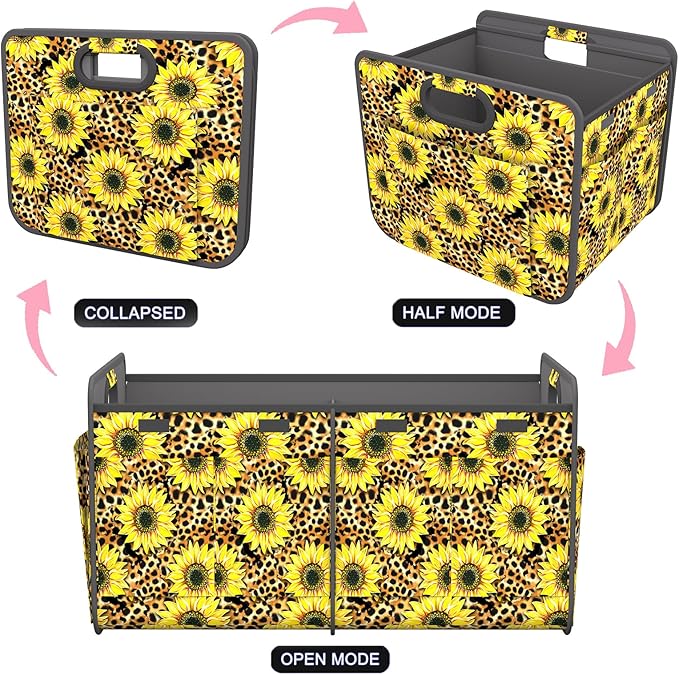 Homeve Trunk Organizer, Car Storage, Reinforced Handles, Collapsible Multi-Compartment, Foldable, Waterproof, Sturdy, 600D Oxford Polyester For Car, SUV, Mini-Van, Sunflower Leopard Print, 2 Compart
