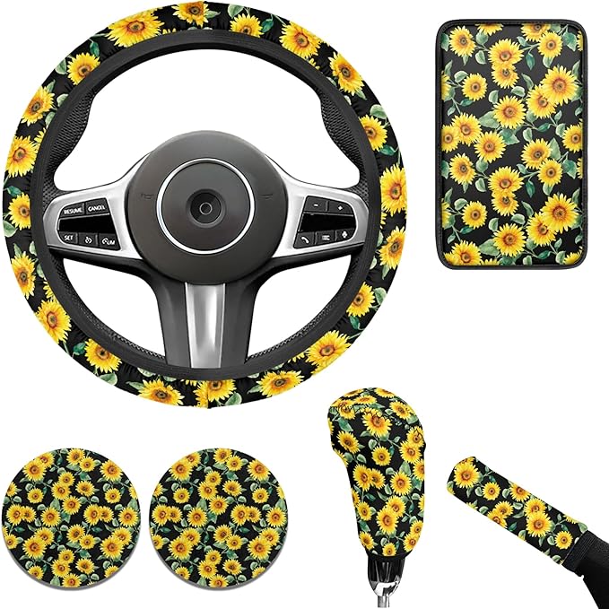 Sunflower Print Car Steering Wheel Covers Set Men Women Car Interior Accessories 6 Pcs Cup Coaster Handbrake Gear Cover Fit for SUV Truck Sedan
