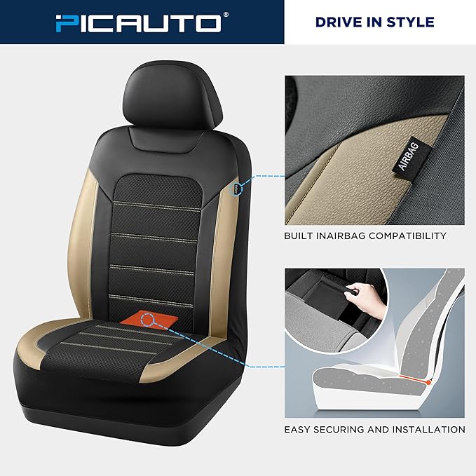 PIC AUTO Car Seat Covers, Premium Leather and Air Mesh Automotive Sports Seat Covers, Two Front Set, Airbag Compatible Universal Fits Most Cars, SUVs, Trucks and Vans (Black & Beige)