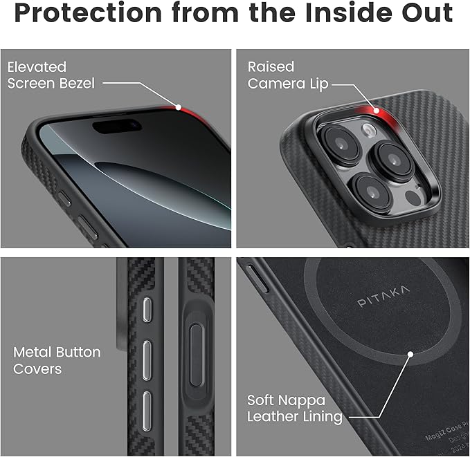 pitaka Case for iPhone 16 Pro Max, 6.9" - MagSafe Compatible, Shockproof, 600D Aramid Fiber & TPU Combined [Military Grade Protective Case - Black/Grey (Twill)]