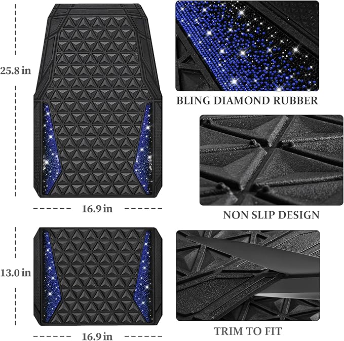 CAR PASS Bling Diamond Car Mats Rubber Floor Mats Full Set Anti-Slip 3D Rhombus Waterproof Trim to Fit Liner Universal Glitter Crystal Sparkly Shining Rhinestone Girl Women SUV Sedan Van, Black Blue