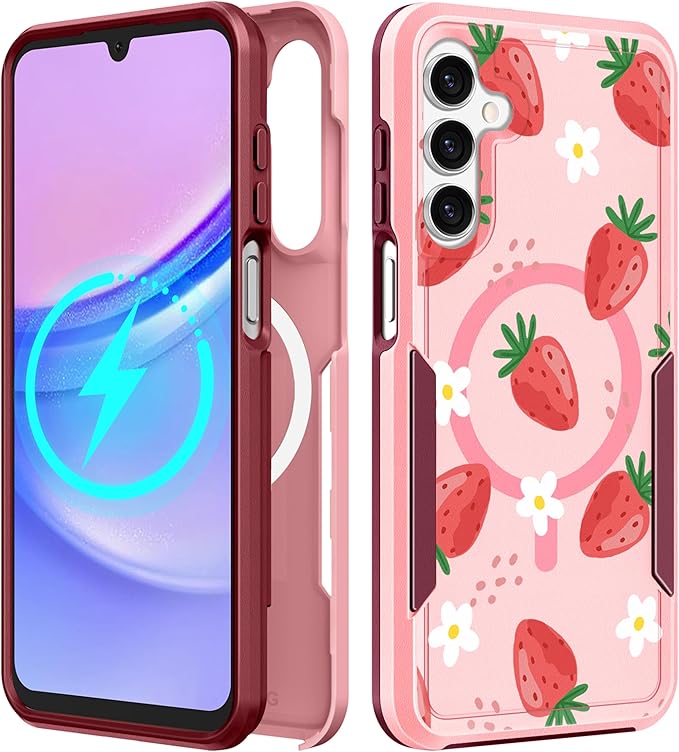 for Samsung Galaxy A14 5G Phone Case - Compatible with MagSafe Women Girls Cute Magnetic Protective Cover Girly Kawaii Strawberry Heavy Duty Shockproof Design for Samsung Galaxy A14 5G Cases