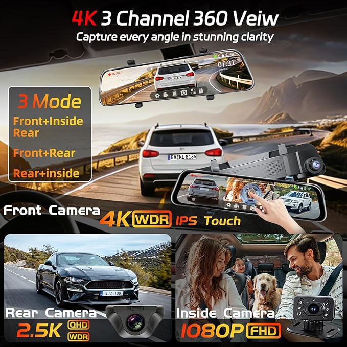 L09 12" 4K Mirror Dash Cam and Backup Camera with Front and Rear Dual Cameras, Built-in GPS, Wi-Fi, Loop Recording, G-Sensor, WDR, and HDR Night Vision, Includes 128GB Memory Card
