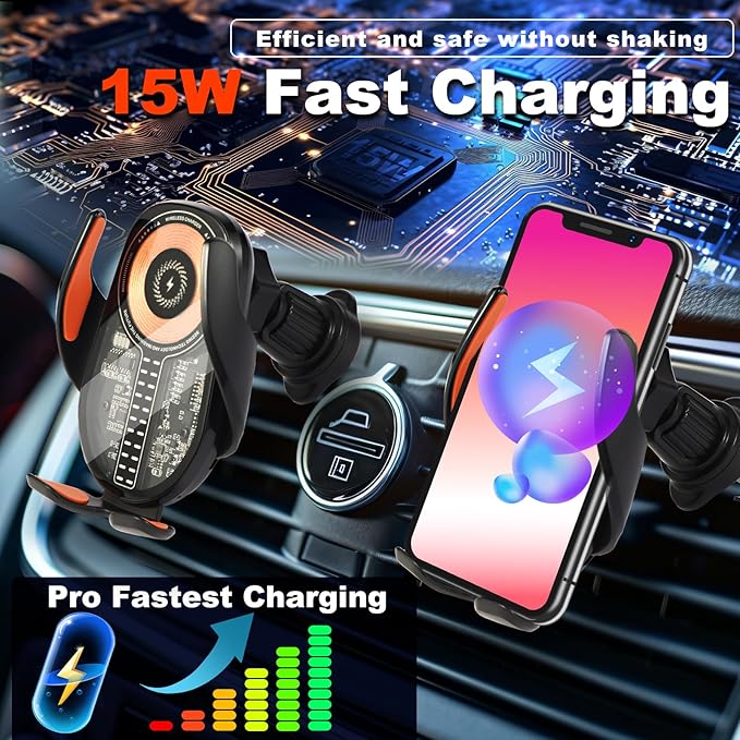 Wireless Car Charger Mount Cell Phone Holder Car - Auto Clamping 3-Axis Adjustable Phone Mount for Car Vent with 15W Fast Charging and Ultra-Thin Design Slim Profile for iPhone 16 Pro Max 16 15 14