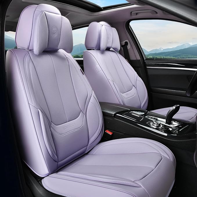 Coverado Universal Seat Covers Front, 2-Pack Universal Seat Covers for Cars, Waterproof Nappa Leather Car Seat Covers with Head Pillow, Auto Protectors Fit for Most Sedans SUV Pick-up Truck-Purple