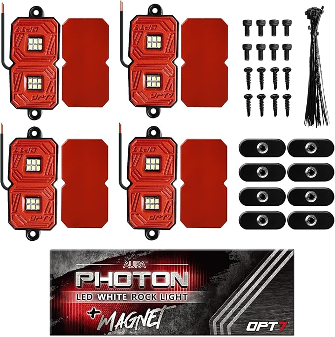 OPT7 Photon Pure White LED Magnetic Rock Lights - 4 Pods w/Magnet Mounts - Wide Angle Underglow Lighting Kit, IP68 Waterproof for Offroad Jeep RZR ATV UTV SUV - Truck Decorations