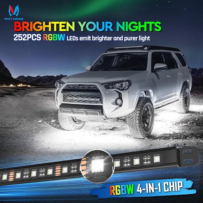MICTUNING N8 RGBW Underglow Light Bars for SUVs, App/Remote Control, Aluminum Housing Waterproof, Exterior Neon Accent Underbody LED Light Strips, w/ 2pcs 9.8ft Extension Cords, 8PCS