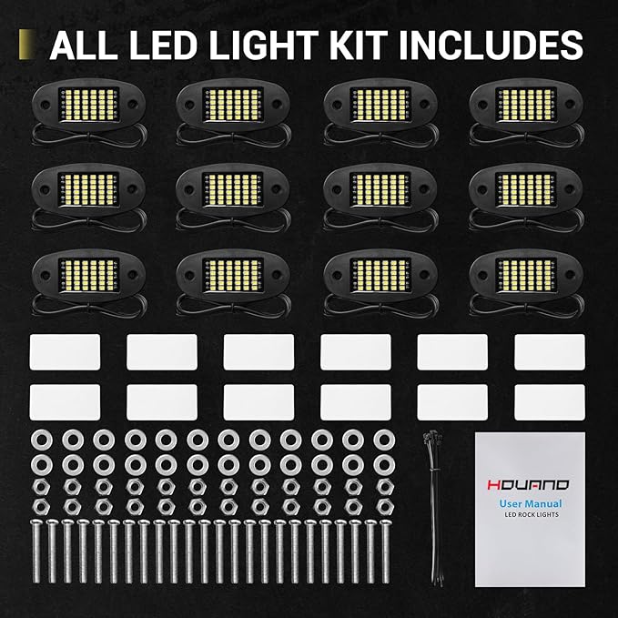 Hovano 12 Pods White Rock Lights 6000K Pure White 36 LEDs SMD Chips Super Bright Neon Underglow Light IP68 Waterproof for Pickup Trucks SUV UTV ATV RZR Car Boats (White)