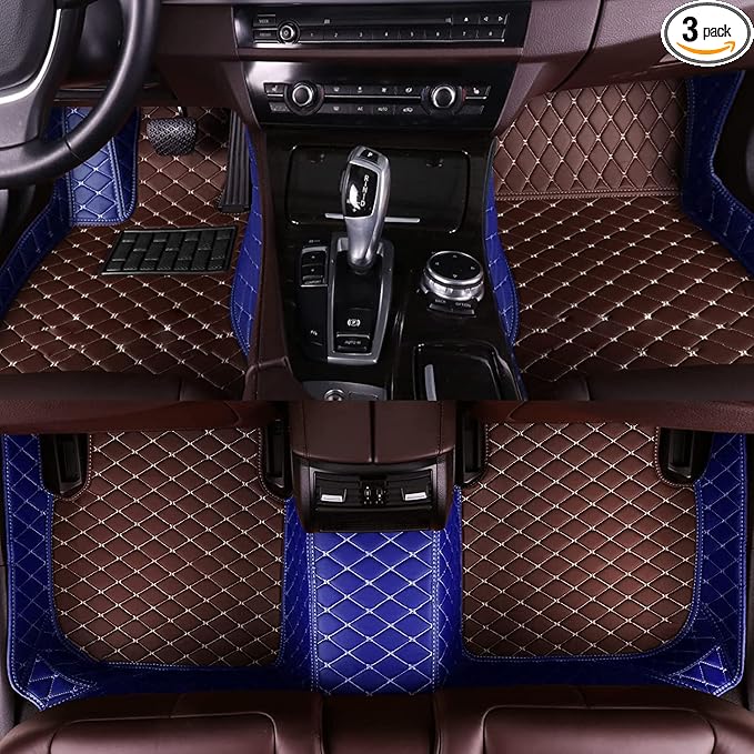 Custom Fit Car Floor Mats - Full Coverage Automotive Leather Floor Liners for Most Vehicles by MingyunSM (Coffee & Blue)