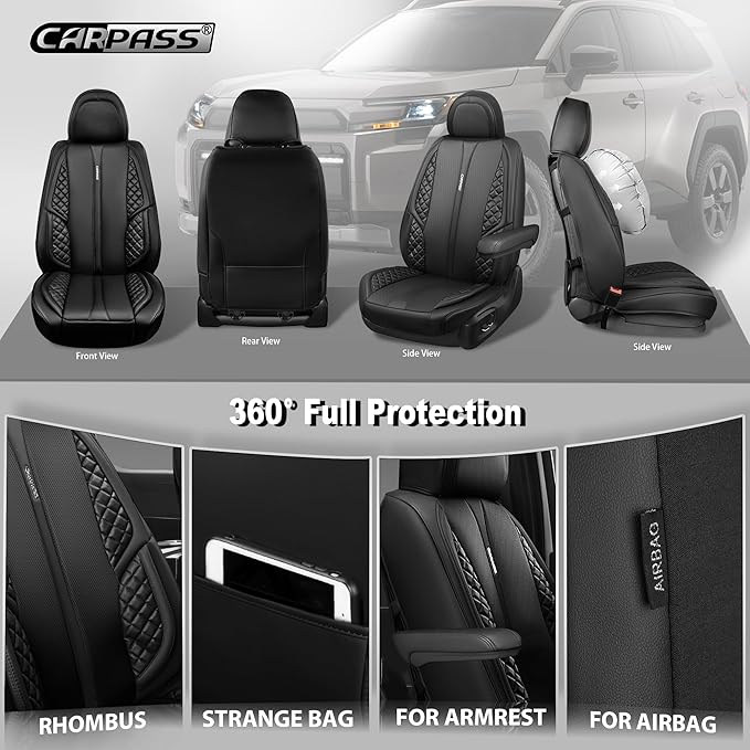 CAR PASS Nappa Leather Car Seat Covers Full Set, Luxury Seat Protector for Cars, Waterproof Anti-Slip PU Seat Cushion Airbag Armrest Compatible Universal for Sedan SUV Pick-up Truck Auto, All Black