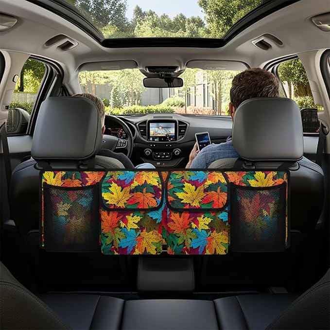 Hanging Trunk Organizer Car Back Seat Storage Bag Colorful Maple Leaves Auto Cargo Bag with 4 Pockets Auto Accessories for SUV MPV Sedans Pickup Jeep Trucks