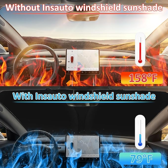 INSAUTO Foldable Windshield Sun Shade for Model Y 2020-2024, Heat & UV Protection Car Sunshade with Storage Bag, Keep Interior Cool & Easy Installation