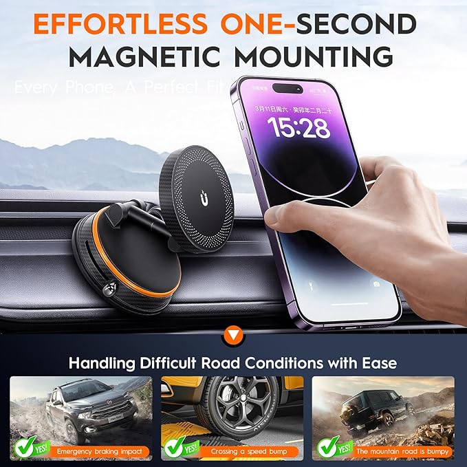 Magnetic Car Phone Holder for MagSafe, 15W Wireless Charging, 360° Adjustable Dashboard Mount, Compatible with iPhone 12-17 & Android（Orange