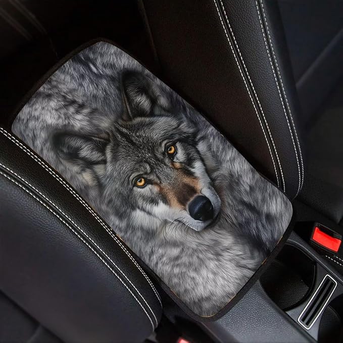 Gray Wolf Car Armrest Pad Grey Center Console Arm Rest Protector Cover Wolf Car Interior Accessories Universal SUV Vehicles Truck Van