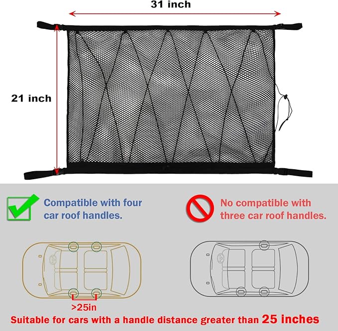 Car Ceiling Storage Net | Double Zipper, Adjustable Strap Prevent Falling, 31"x21"Double-Layer Mesh Long Road Trip Camping Van SUV Roof Cargo Pocket Organizer for Putting Quilt Toys Sundries