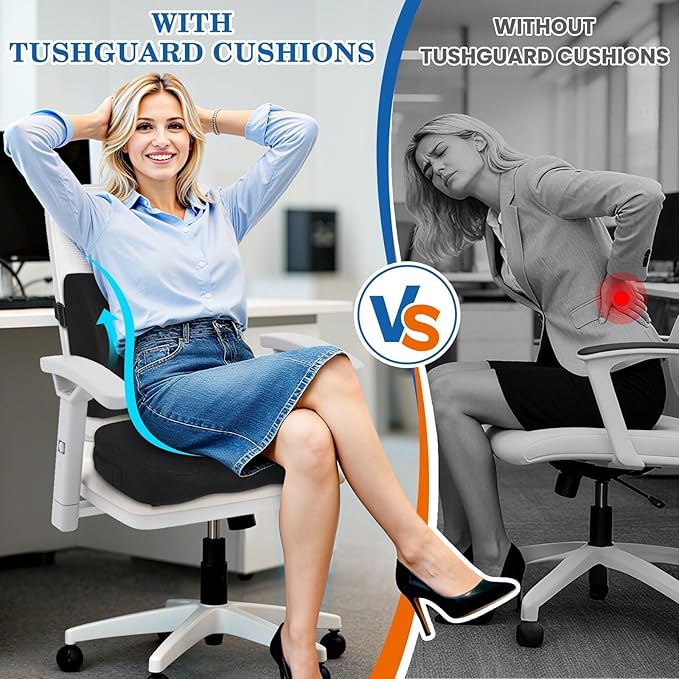 TushGuard Back&Seat Cushion, Car Seat Office Chair Cushions, Memory Foam Lumbar Back Support Pillow, Portable Airplane Seat Cushion for Travel, Computer Desk, Wheelchair, Driving (Black, X-Large)