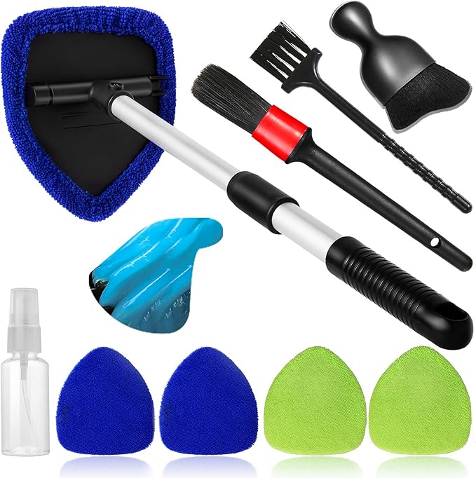 Qydipclin 10pcs Windshield Cleaner Tool, Car Window Cleaning Wash Kit with 4 Reusable Microfiber Pads 1 Spray Bottle and Extendable Handle Auto Glass Wiper Kit, Blue&Green