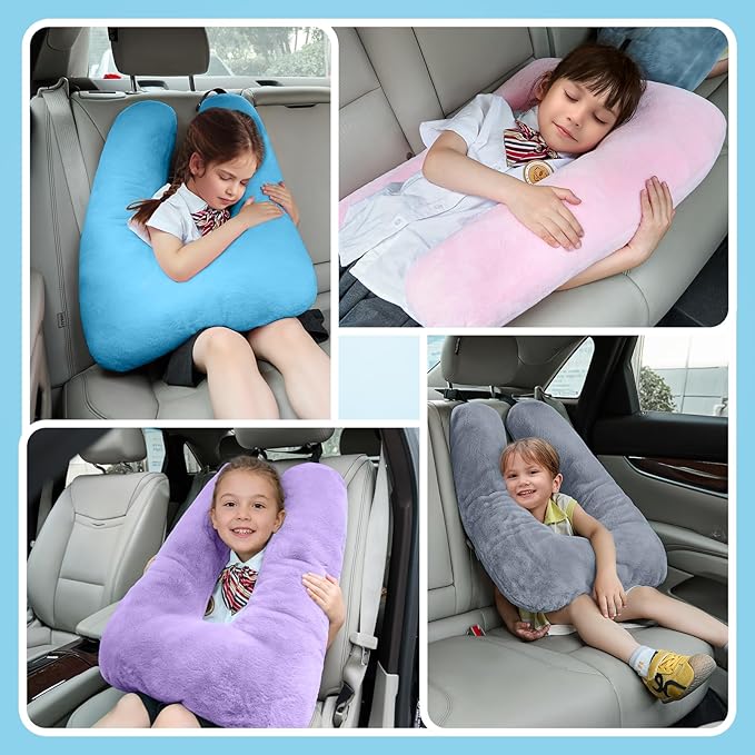 Travel Pillow, Car Pillow for Kids, Car Sleeping Pillow for Adults, Travel Pillow for Kids with Adjustable Strap, Support Head and Neck on Road Trips, Car Travel Essentials, Purple