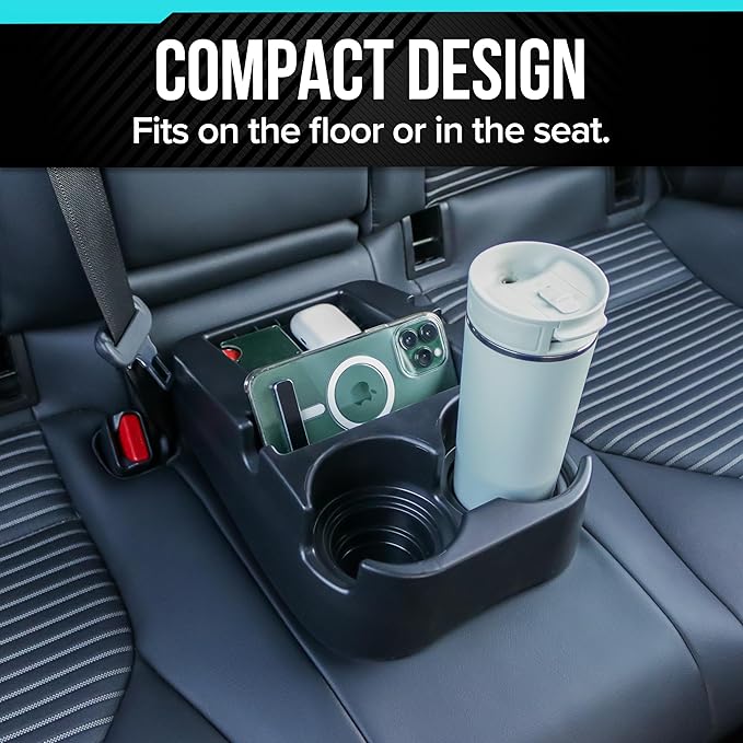 Universal Car Floor Center Console with Dual Cup Holders, Portable Center Console Storage Organizer, Vehicle Organizer for SUV, Truck, Van, Car, Recycled Plastic, Made in USA (Black)