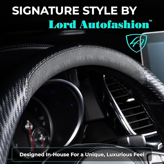 Lord Autofashion Steering Wheel Cover – PU Leather, Non-Slip Rubber Inner, All-Season Comfort – 14.5–15 Inch (Black/Grey 7685)