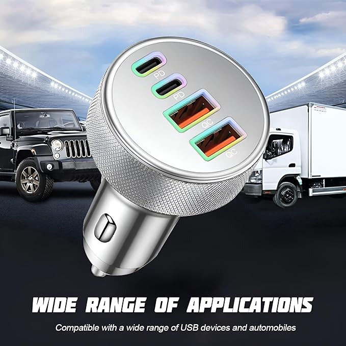 4 in 1 USB C Car Charger, 4-Port 90W PD QC Dual USB C & USB A Vehicle Fast Charging Cigarette Lighter Adapter, Multiport Auto Phone Charge Adapter, Fits 16 15 14 Pro Max Tablet (Silver)