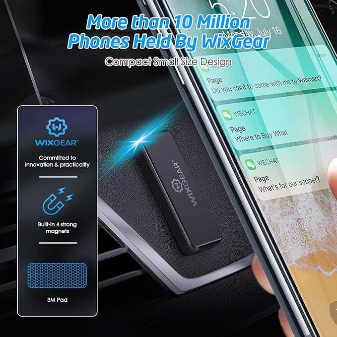WixGear Magnetic Phone Car Mount, Universal Stick On Rectangle Flat Dashboard Magnetic Car Mount Holder, for Cell Phones and Mini Tablets -Extra Strong with 10 Magnets!