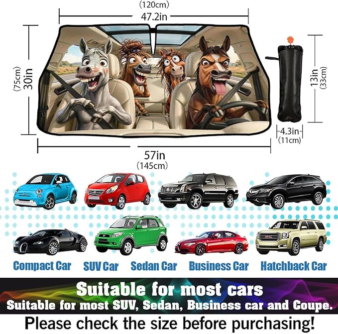 Socira Funny Horse Car Windshield Sun Shade Umbrella Foldable Sunshade for Front Window Auto Windshield Sunshade Covers Horse Car Accessories Protect from Sun Rays Heat Gifts 57'' X 30''