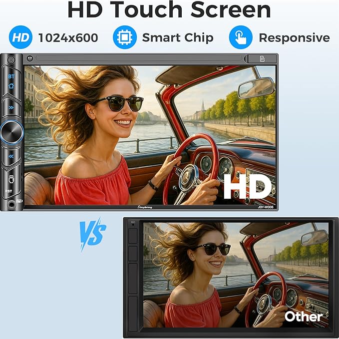SJoyBring Double Din Car Stereo - Wireless Apple CarPlay & Android Auto, 240W 4.2CHN, 7" Touchscreen, SWC, Bluetooth, FM/AM Car Radio, 2 Subwoofers Outputs, Backup Camera