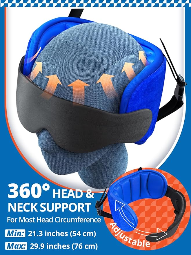 Travel Pillows for Airplanes, Airplane Pillow with 3D Eye Mask for Sleeping, 360° Support Head Strap for Long Flights, Car, Road Trip Car Headrest, Travel Essentials Stop Bobblehead, Purple