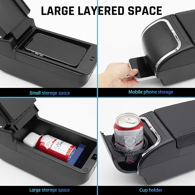 Double-Layer Armrest Box for Nissan Versa Almera 2020-2024 Car Center Storage Box Organizer Interior Hand Centre Consoles with Cup Holder Black Accessories