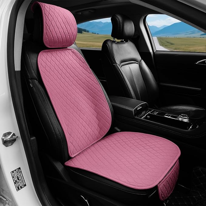 Linen Car Seat Covers Front Seat Covers Breathable Cloth Fabric Car Seat Protector - Universal Fit for Cars, Vans, SUVs, Trucks - 1 Units (1 Pack Pink)