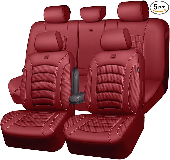 CAR PASS 3D Foam PU Leather Car Seat Covers, Universal Seat Covers Full Sets for Trucks SUV Sedan Automotive Seat Covers Armrest Airbag Compatible Waterproof Comfortable Faux Nappa Leather Burgundy