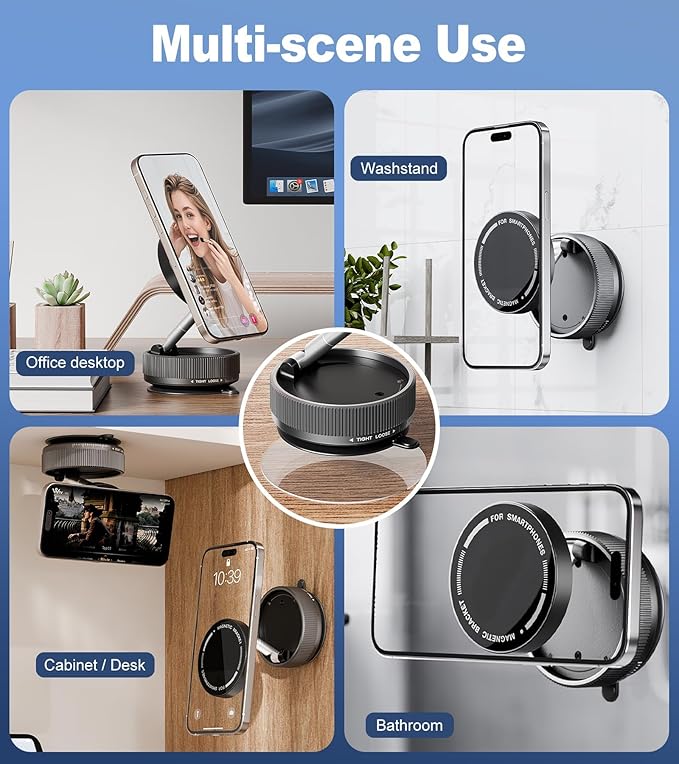 Suction Cup Phone Mount, Vacuum Magnetic Phone Holder Stand for Car, 5 Nano Gel Pads for Smooth/Rough Surfaces, 360° Rotatable Strong Grip Phone Stand for All Smartphones, Driving Home (Black)