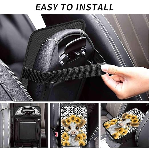 Highland Cow with Sunflowers Car Auto Armrest Cushion Cover Accessories Center Console Seat Box Pad Protector Universal Decoration for Most Vehicle SUV Truck