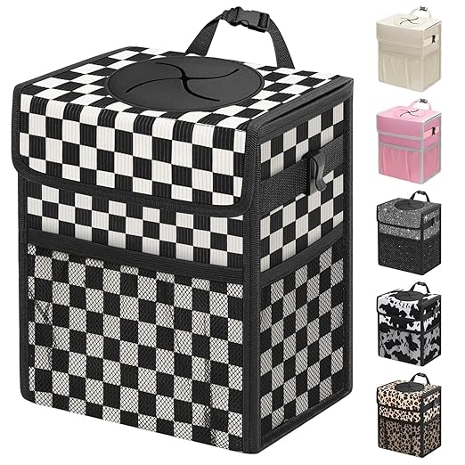 Capolo Car Trash Can with Lid, Leakproof Car Trash Bag Hanging Waterproof Automotive Garbage Can with Storage Pockets Mini Vehicle Trash Bin for Back/Front Seat(Black Checkerboard,2.5 Gallon)