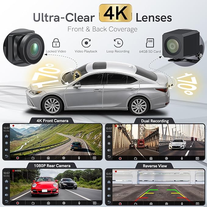 Portable CarPlay Screen for Car,Car Stereo with Apple CarPlay & Android Auto,Incell Touch Screen,4K Dash Cam,1080P Backup Camera,Mirror Link, Voice Control, Bluetooth 5.3,GPS,FM (11.26 Inch)