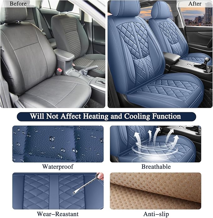 otoez Car Seat Covers Full Set, Blue Leather Seat Cover 5 Seat, Waterproof Automotive Front & Rear Seat Cushion Protector Full Coverage for Most Cars Sedens Trucks SUVs Vans (Blue)