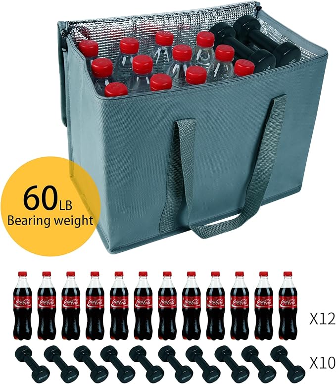 musbus 2Pk Insulated Reusable Grocery Bags, Collapsible Cooler Bag for Groceries, Heavy Duty Large Insulated Bag (Urban Gray)