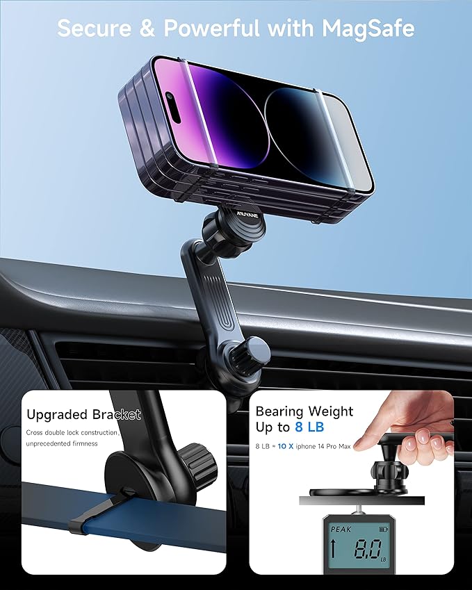 Magnetic Car Phone Mount for iPhone 15/14/13/12 Pro Max Mini & MagSafe Cases - 360 Degrees Rotation, One-hand Operation, Super Strong Magnet Force