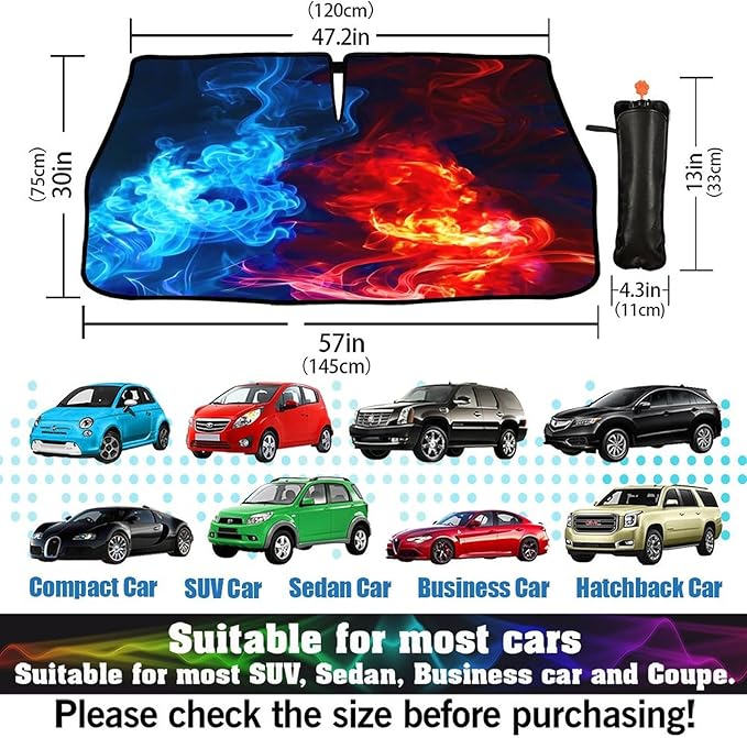 Socira Red Fire Blue Ice Car Windshield Sun Shade Umbrella Foldable Sunshade for Front Window Auto Windshield Sunshade Covers Car Accessories Protect from Sun Rays Heat 57'' X 30''