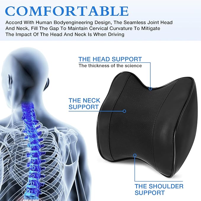 2 Pack Car Neck Pillow, Softness Leather Car Headrest Pillow, 100% Memory Foam and Breathable Removable Cover, Neck Support Head Pillow for Ergonomic Design (Black)