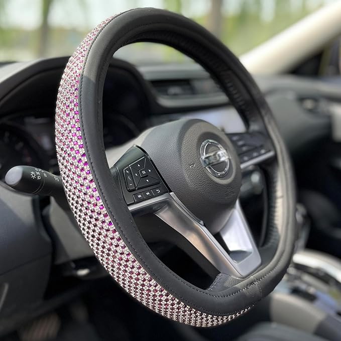 PINCTROT D Shaped Bling Comfy Steering Wheel Cover with Jumbo Crystal Rhinestones, Anti-Slip Diamond Leather, Flat Bottom 14.5-15 Inch (Purple)