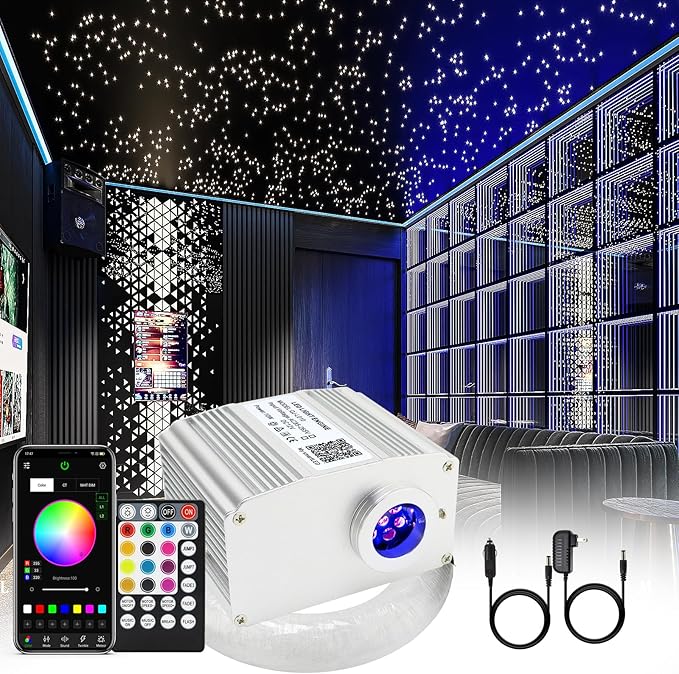Fiber Optic Lights Kit, 10W Star Ceiling Sky Lights RGBW Twinkle & Music Effect for Home & Car Star Headliner Light with Bluetooth APP + RF Remote Control - Optical Fiber Cable 300pcs*0.03in*9.8ft