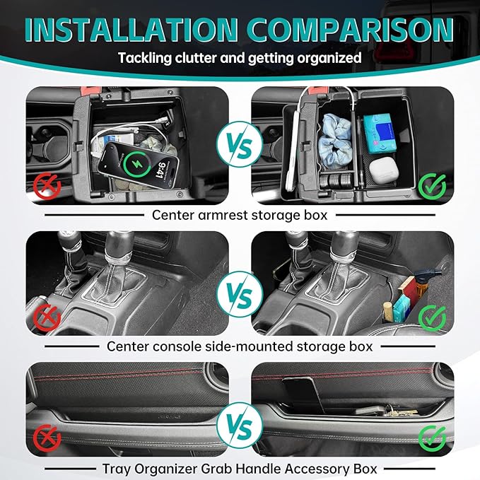 4PCS Center Console Organizer Combo Kit Compatible with 2018-2023 Jeep Wangler JL JLU 4xe Rubicon Sahara & Gladiator JT Accessories, Armrest Storage Box Set & Grab Bar Tray & Gear Shift Tray