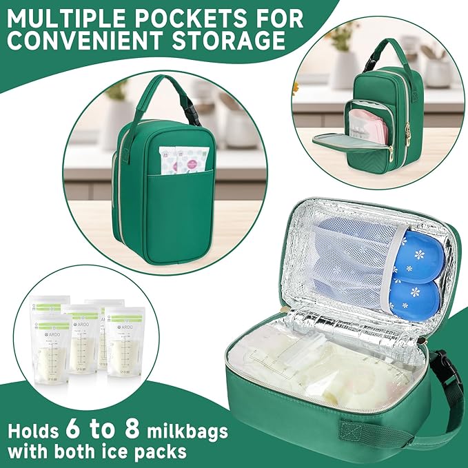 Breastmilk Cooler Travel Bag with Ice Pack,Portable Breastmilk Cooler Bag with Buckle Handle,Insulated Breastmilk Storage Bag Cooler,Green