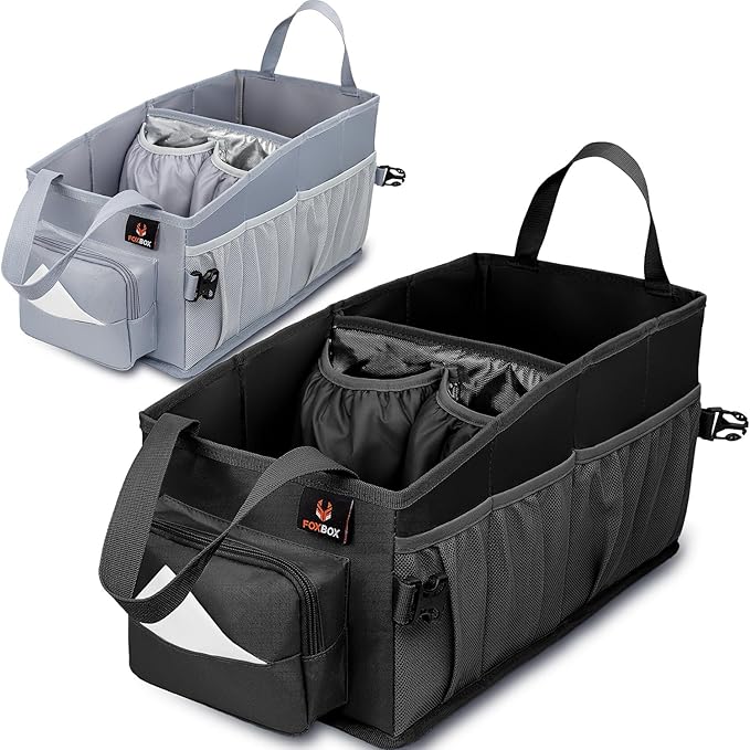 FoxBox Car Seat and Trunk Organizer, SUV Front or Back Seat Storage - Passenger Floor, Under or Between Seats Organization, Car Gifts for Men and Women (Black)