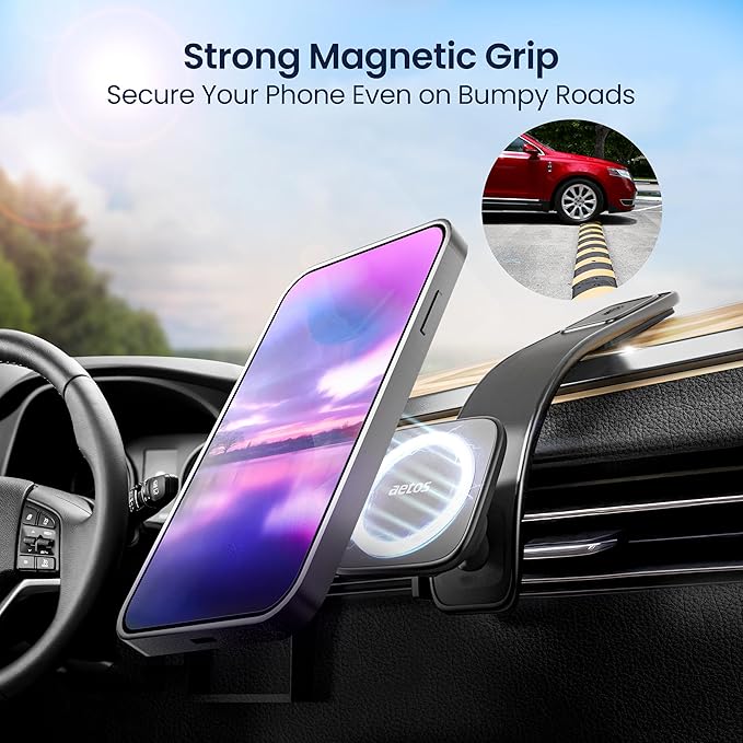 aetos for iPhone MagSafe Car Mount Phone Holder Fits iPhone 17/16/15/14/13/12 Pro/Plus/Max and Android Phones with Ring Adaptor. 360° Rotating Head & Bendable Alloy Arm for a Simplicity Modern Design