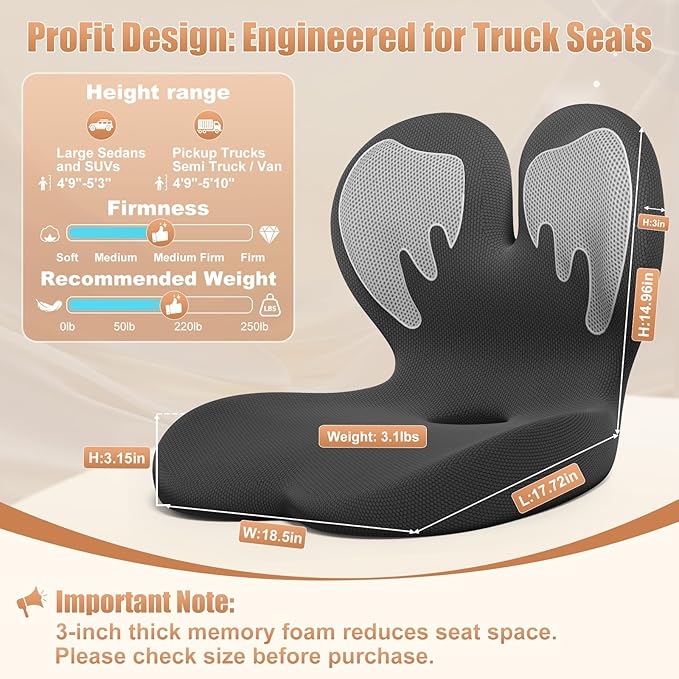 Car Seat Cushion with Lumbar Support for Long Driving Truck RV, 3" Lift Breathable Ergonomic Memory Foam Cushion for Hip, Coccyx, Sciatica, Tailbone & Lower Back Support Vehicles Office Chair (White)