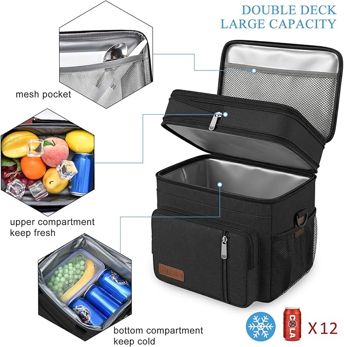 MIYCOO Lunch Bag & Lunch Box for Men Women, Double Deck Leakproof Insulated Soft Large Adult Camping Cooler bag for Work, Beach, Picnic, Travel (Black, 15L)